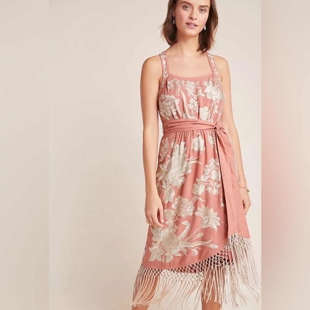 BY ANTHROPOLOGIE Floral Embroidered Lucille Fringe Dress 8